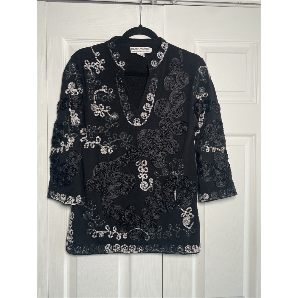 Lauren Michelle Rosette‎ Embroidered Tunic Womens Size M Black Silver Floral